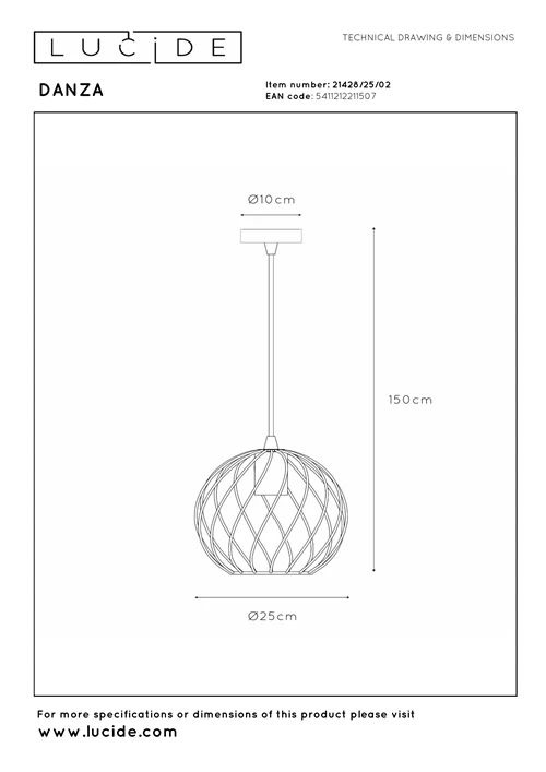 Lucide DANZA - Suspension - Ø 25 cm - 1xE27 - Or Mat / Laiton - technique